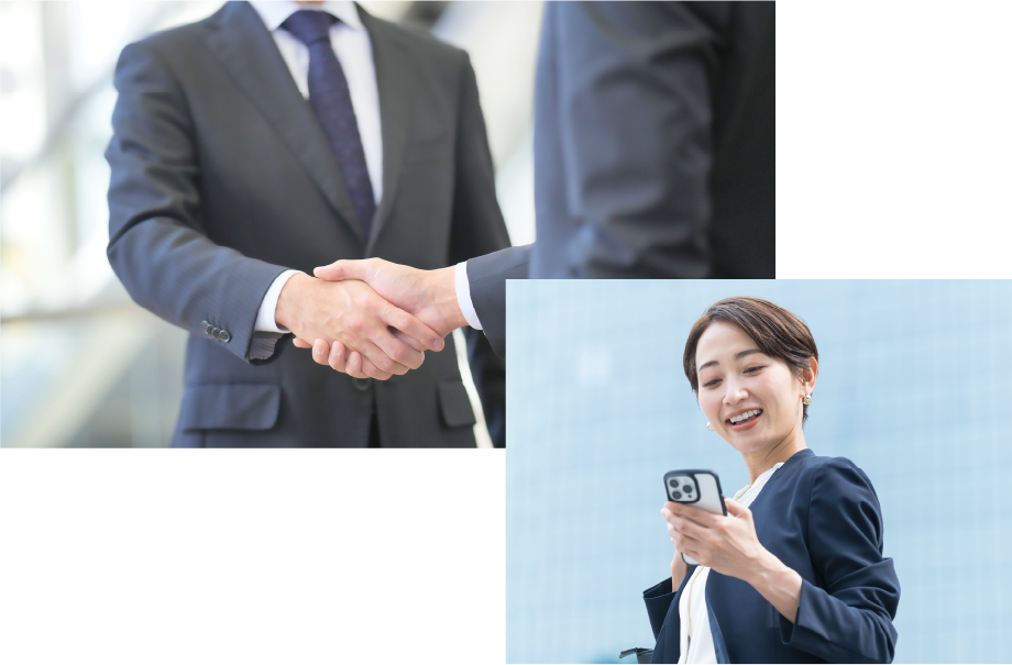 握手している画像とスマートフォンを見ている画像